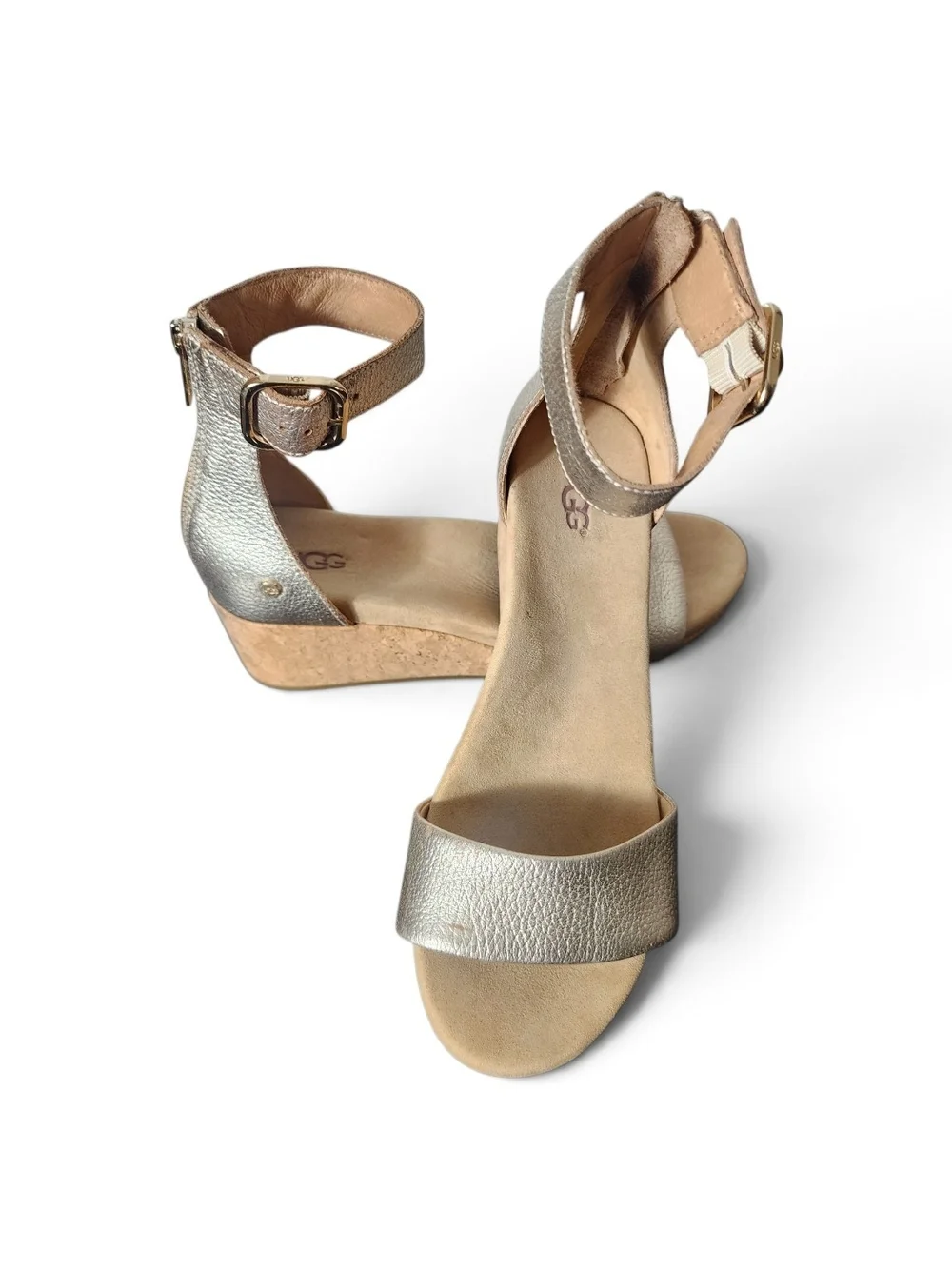 UGG Metallic Gold Cork Wedge Sandals - Ankle Strap